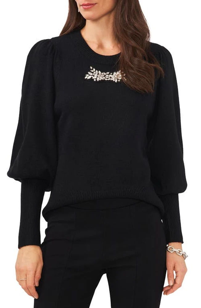 Chaus Rhinestone Cozy Balloon Sleeve Sweater Rich Black at Nordstrom,