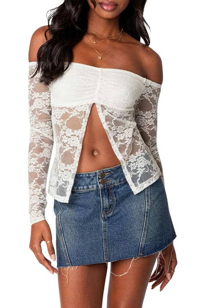 EDIKTED Odessa Split Front Off the Shoulder Lace Top White at Nordstrom,