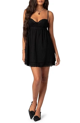 EDIKTED Bonny Eyelet Trim Cotton Babydoll Minidress Black at Nordstrom,