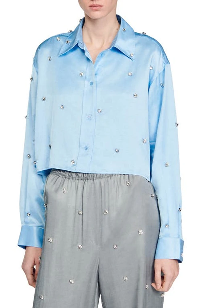 sandro Yoncey Rhinestone Crop Button-Up Shirt Sky Blue at Nordstrom,