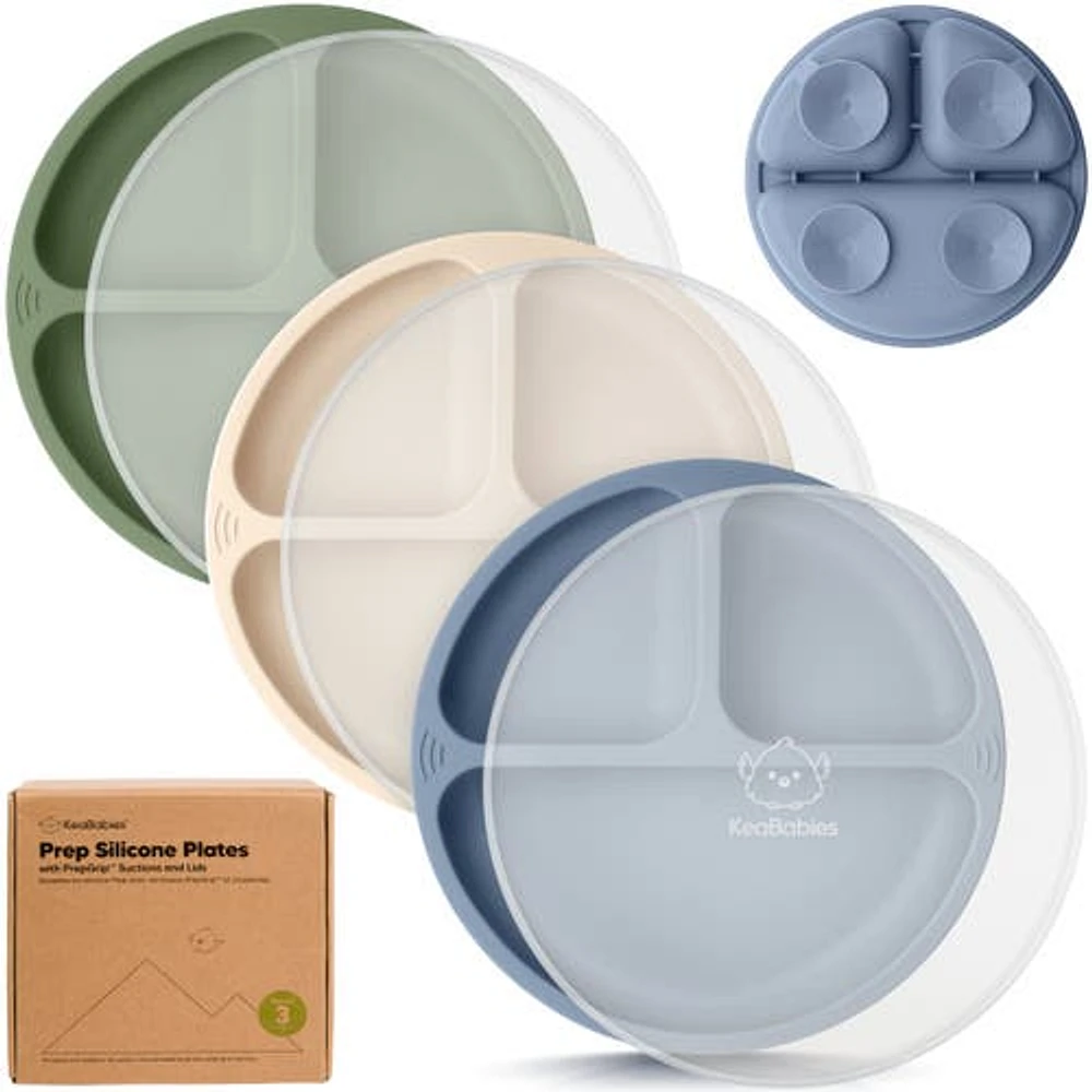 KeaBabies 3-Pack Prep Silicone Suction Plates with Lids in Slate at Nordstrom