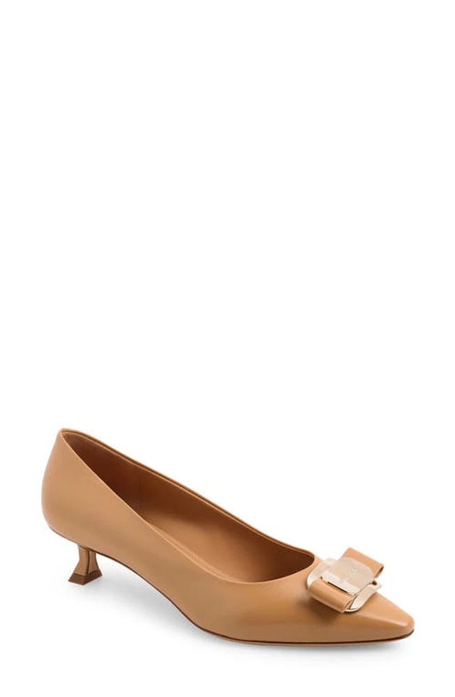 FERRAGAMO Zelma Bow Pointed Toe Kitten Heel Pump Light Camel at Nordstrom,