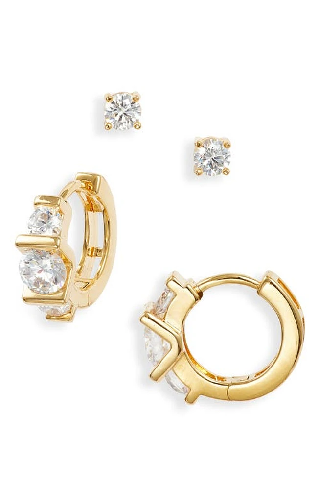 Nordstrom Set of 2 Cubic Zirconia Huggie Hoop & Stud Earrings in 14K Gold Plated at Nordstrom