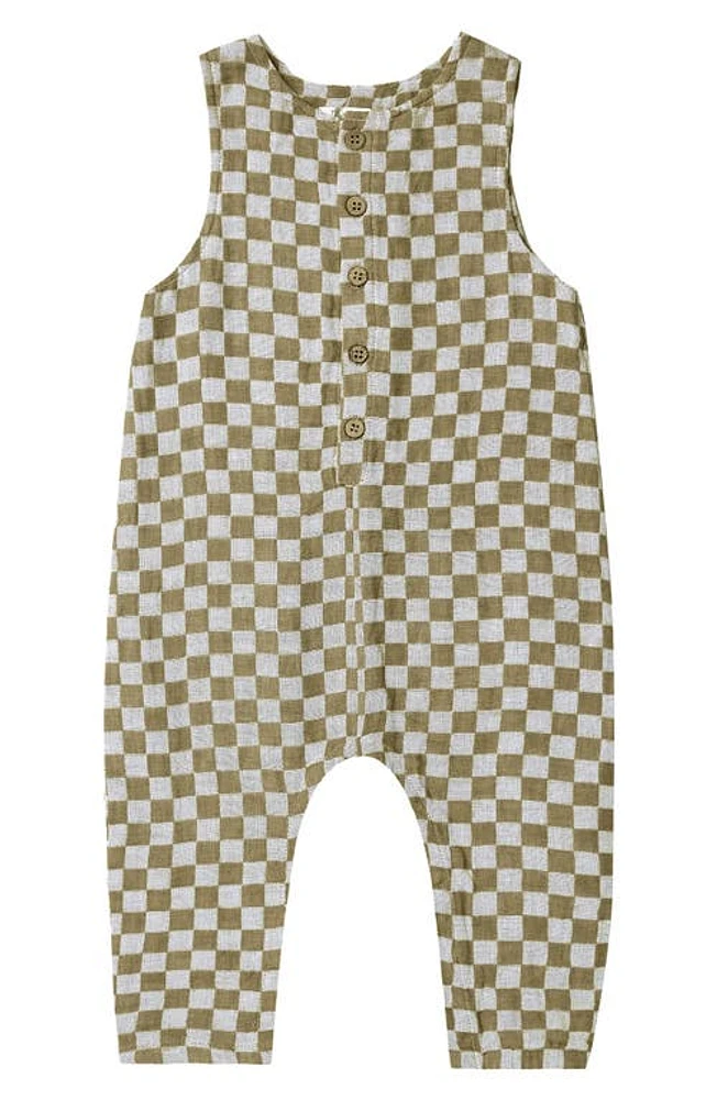 Rylee + Cru Button Linen & Cotton Romper in Olive-Check at Nordstrom, Size 0-3M