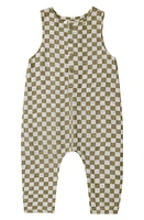 Rylee + Cru Button Linen & Cotton Romper in Olive-Check at Nordstrom, Size 0-3M