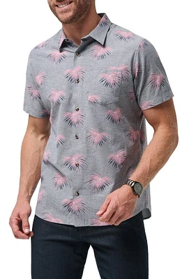 TravisMathew Tip Me Over Leaf Print Short Sleeve Stretch Button-Up Shirt Heather Total Eclips at Nordstrom,