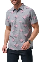 TravisMathew Tip Me Over Leaf Print Short Sleeve Stretch Button-Up Shirt Heather Total Eclips at Nordstrom,