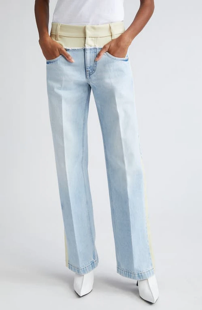 Stella McCartney Two-Tone Mixed Media High Waist Straight Leg Jeans 4221 - Light Blue Mix Fabric at Nordstrom,