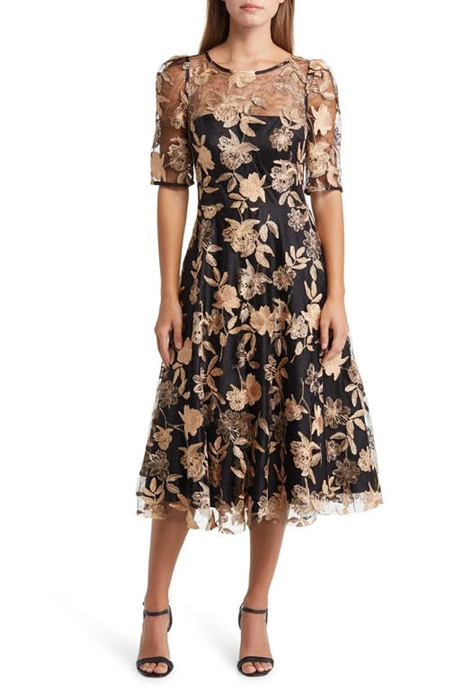 Eliza J Floral Embroidery Midi Cocktail Dress Black Carame at Nordstrom,