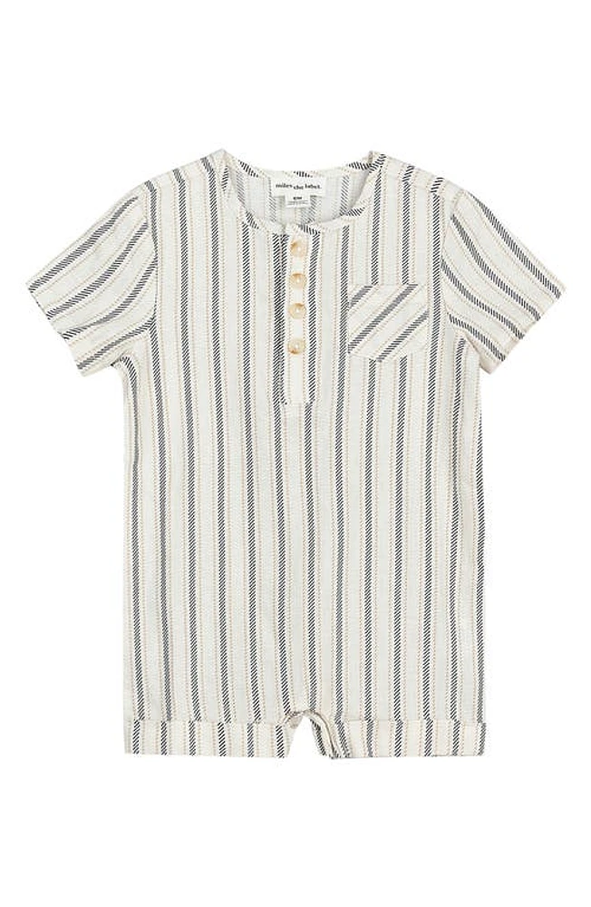 MILES THE LABEL Stripe Linen Blend Henley Romper Beige at Nordstrom,