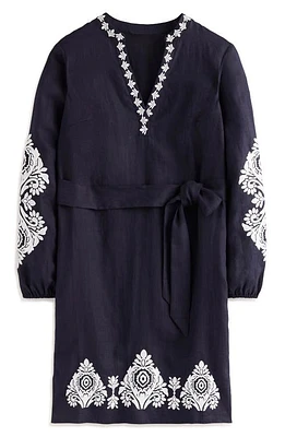 Boden Cleo Embroidered Long Sleeve Linen Dress in Navy White at Nordstrom, Size 6