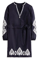 Boden Cleo Embroidered Long Sleeve Linen Dress in Navy White at Nordstrom, Size 6