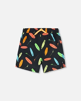 Deux Par Deux Baby Boy's Boardshort Above The Knee Black Printed Multicolor Surf at Nordstrom