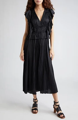 Ulla Johnson Letty Ruffle Detail Pleated Satin Dress in Noir at Nordstrom, Size 0