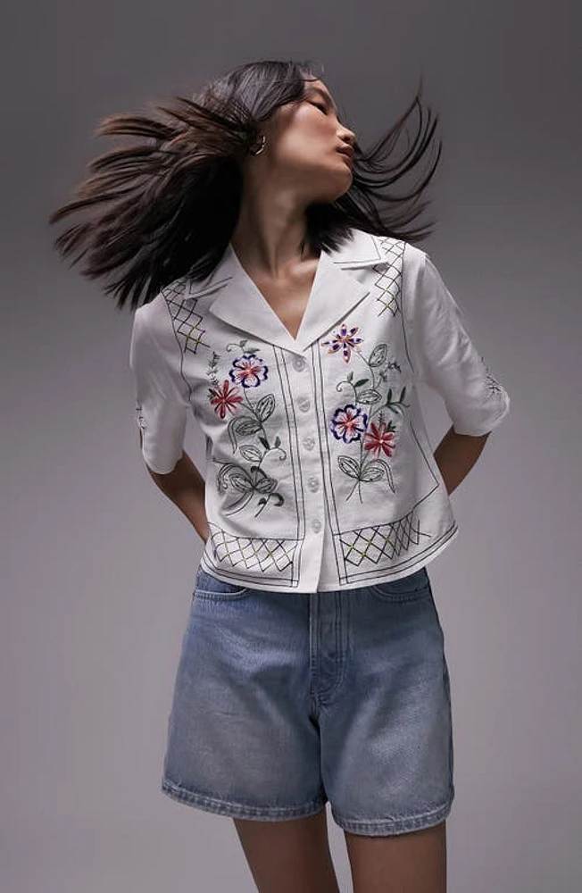 Topshop Embroidered Crop Cotton & Linen Shirt in White at Nordstrom, Size 4 Us