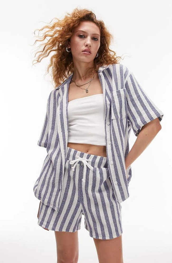 Topshop Stripe Oversize Cotton Button-Up Shirt Mid Blue at Nordstrom,