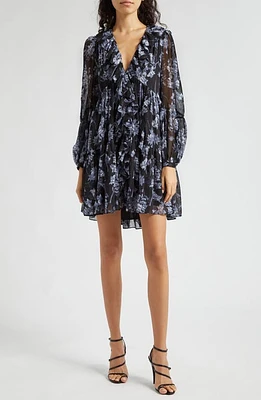 Cinq à Sept Jalen Floral Print Long Sleeve Minidress in Black Multi at Nordstrom, Size 00