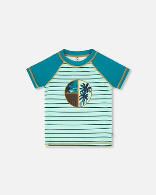 Deux Par Deux Boy's Short Sleeve Rashguard Stripe Green at Nordstrom