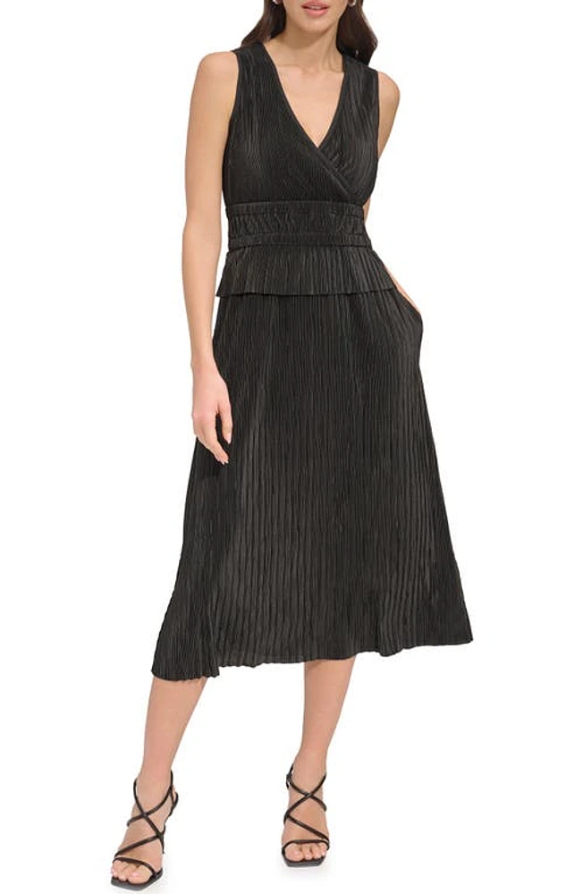 DKNY V-Neck Sleeveless Plissé Midi Dress Black at Nordstrom,