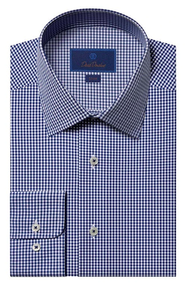 David Donahue Slim Fit Gingham Barrel Cuff Dress Shirt Navy at Nordstrom,