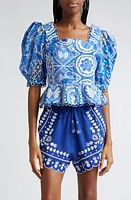 FARM Rio Tile Dream Cotton Puff Sleeve Peplum Top Multicolor at Nordstrom,