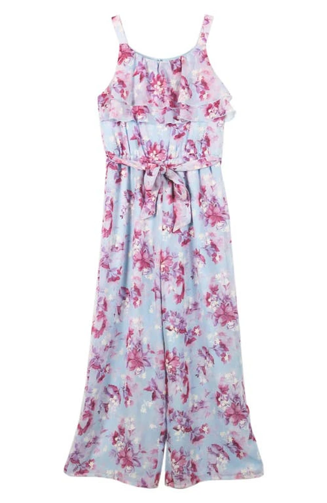 Zunie Kids' Ruffle Belted Chiffon Jumpsuit Light Blue Floral at Nordstrom,