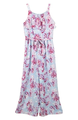 Zunie Kids' Ruffle Belted Chiffon Jumpsuit Light Blue Floral at Nordstrom,