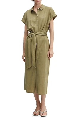 MANGO Knot Detail Midi Shirtdress Khaki at Nordstrom,