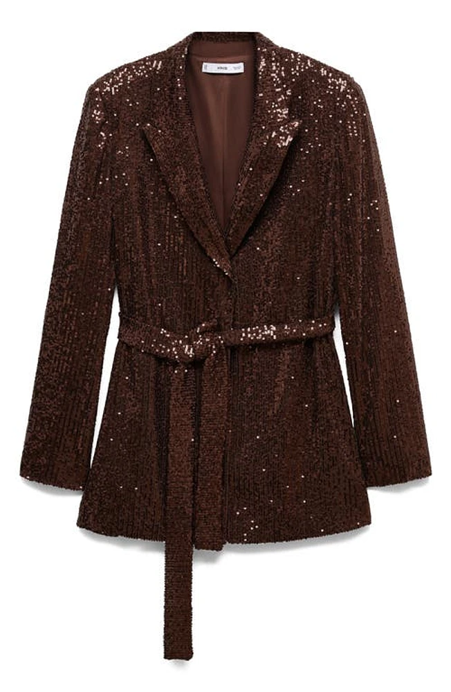 MANGO Belted Sequin Blazer in Cognac at Nordstrom, Size Small