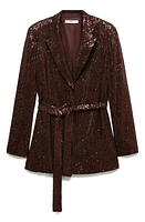 MANGO Belted Sequin Blazer in Cognac at Nordstrom, Size Small