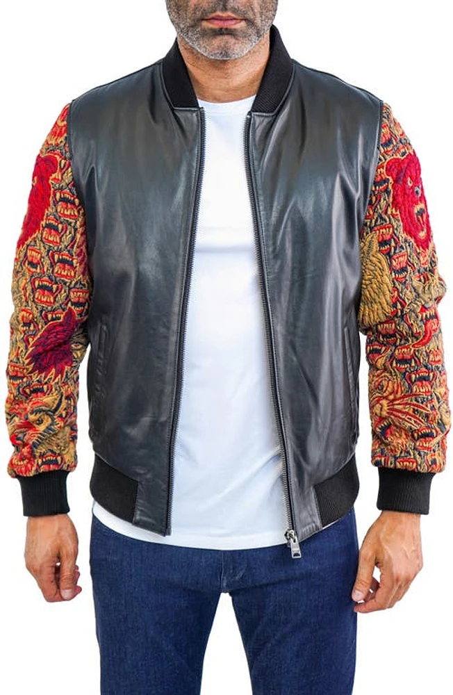 Maceoo Dragon Sleeve Leather Bomber Jacket Black at Nordstrom,