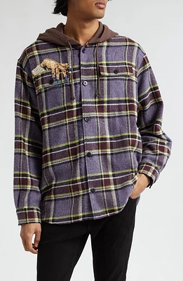 Undercover Beaded Hooded Plaid Button-Up Shirt Purple Ck at Nordstrom,