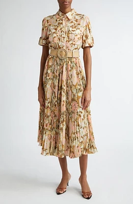 Zimmermann Pop Pleated Midi Shirtdress Gold/Peach Floral at Nordstrom,