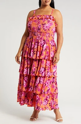 Chelsea28 Floral Tiered Plissé Maxi Dress Orange- Pink Blossoms at Nordstrom,