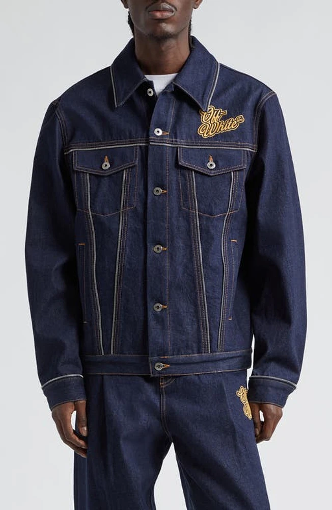 Off-White '90s Logo Skate Denim Jacket Raw Blue Gold at Nordstrom,