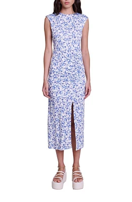 maje Rikalia Ruched Back Cutout Midi Dress Small Blue Flower Print at Nordstrom,