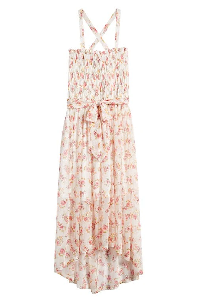 Ava & Yelly Kids' Floral Smocked Bodice High-Low Sundress Pink/White Multi at Nordstrom,