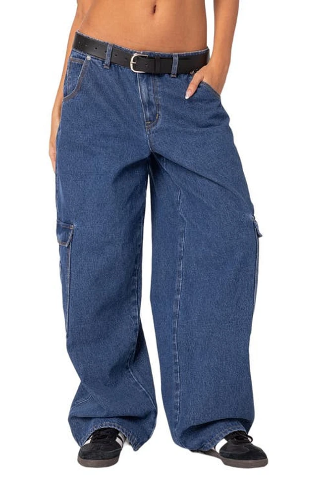 EDIKTED Low Rise Baggy Belted Cargo Jeans Blue-Washed at Nordstrom,