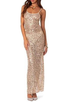 EDIKTED Sheer Mesh Sequin Maxi Dress Gold at Nordstrom,