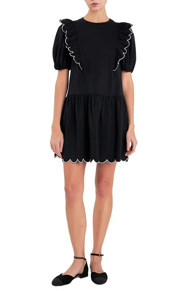 English Factory Scallop Edge Ruffle Knit Minidress Black/White at Nordstrom,