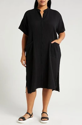 Eileen Fisher Mandarin Collar Organic Cotton Midi Shirtdress Black at Nordstrom,