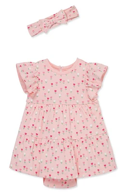 Little Me Tulip Print Cotton Skirted Bodysuit & Headband Set Pink at Nordstrom,