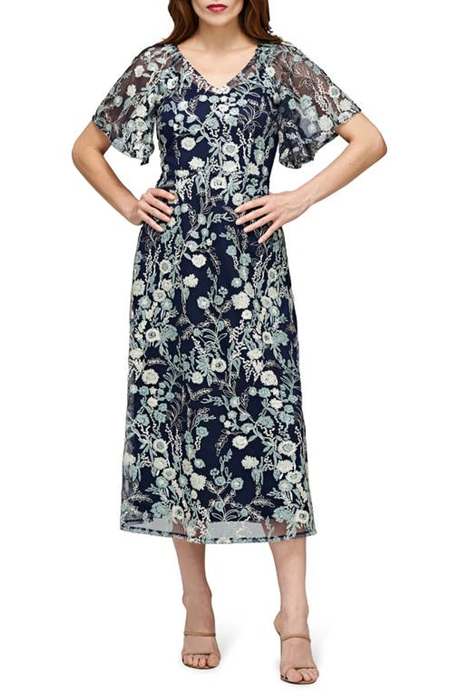 JS Collections Elsie Floral Embroidered Midi Dress Navy/Sage at Nordstrom,