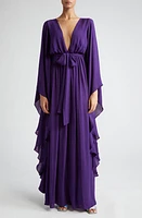 ALIETTE Plunge Neck Cape Sleeve Silk Gown in Purple at Nordstrom, Size 6