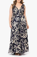 Betsy & Adam Foil Print Sleeveless Mesh Gown Navy/Gold at Nordstrom,