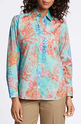 Foxcroft Meghan Coral Print Cotton Button-Up Shirt Blue Multi at Nordstrom,