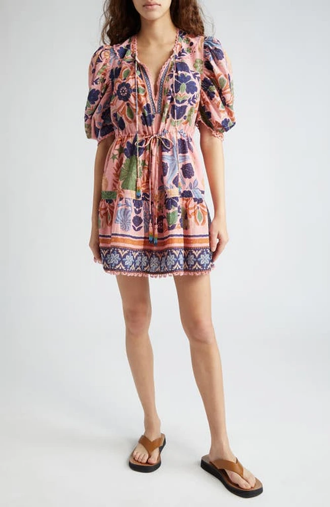 FARM Rio Seashell Tapestry Floral Clip Dot Puff Sleeve Minidress Pink at Nordstrom,