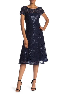 SL FASHIONS Sequin Lace Midi Dress Navy at Nordstrom,