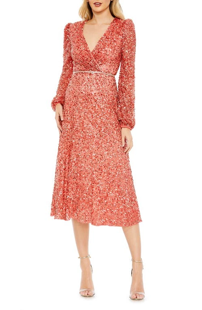 Mac Duggal Sequin Long Sleeve Wrap Front Cocktail Dress Coral at Nordstrom,