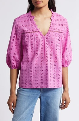 caslon(r) Eyelet Puff Sleeve Cotton Top at Nordstrom,